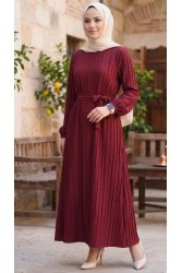 Bordo Kuşaklı Bileği Lastilk Detaylı Elbise