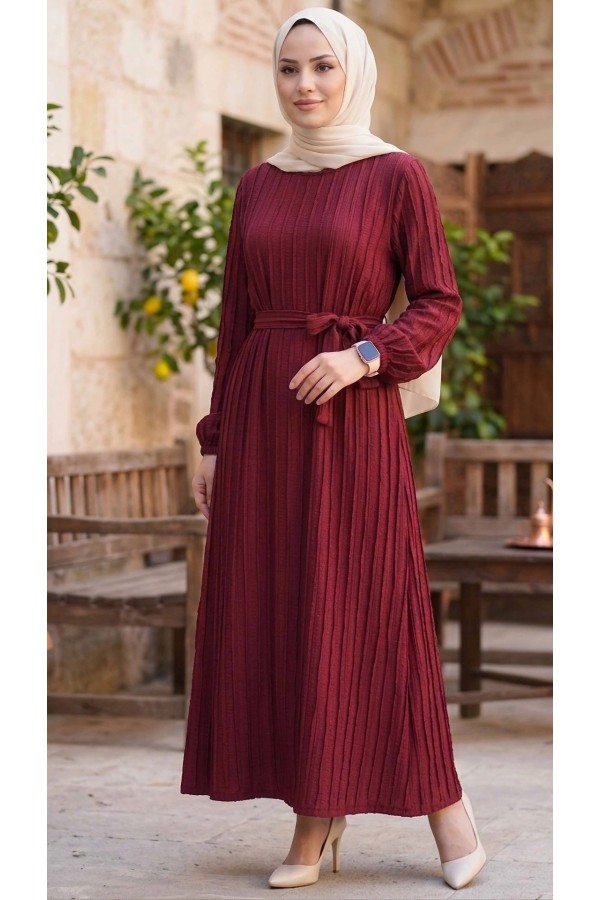 Bordo Kuşaklı Bileği Lastilk Detaylı Elbise