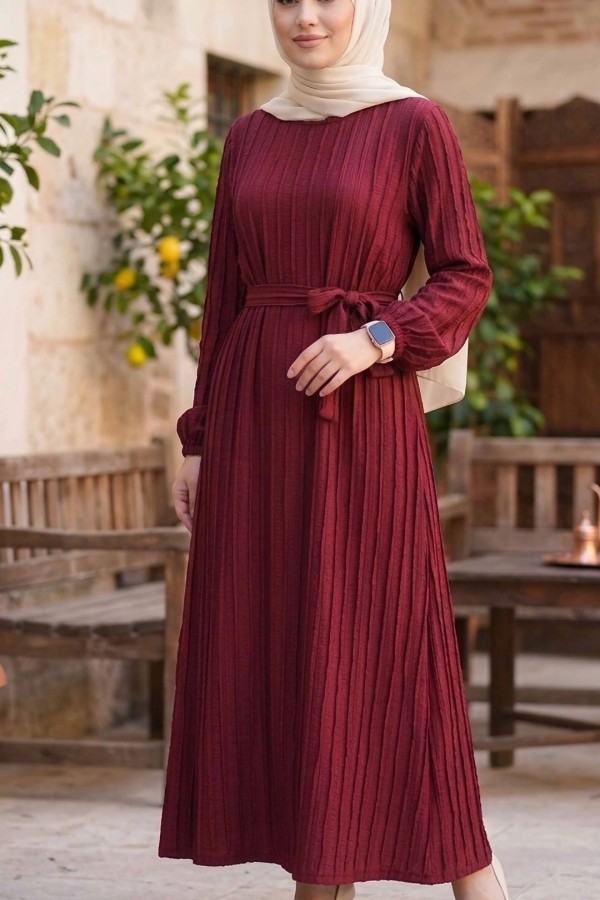 Bordo Kuşaklı Bileği Lastilk Detaylı Elbise
