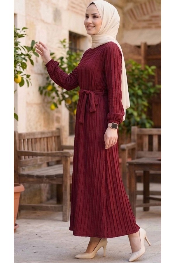 Bordo Kuşaklı Bileği Lastilk Detaylı Elbise