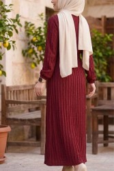 Bordo Kuşaklı Bileği Lastilk Detaylı Elbise