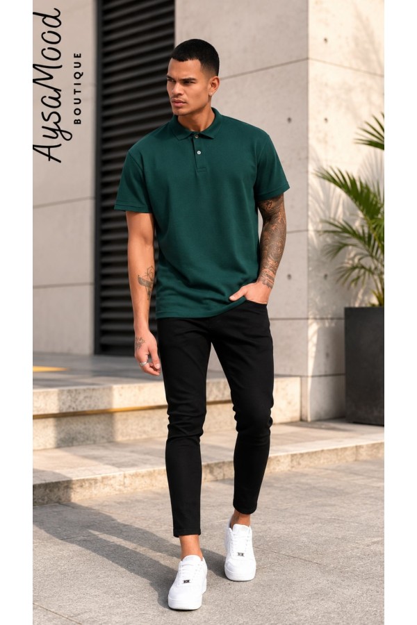 Erkek Yeşil Düz Polo Yaka T-shirt