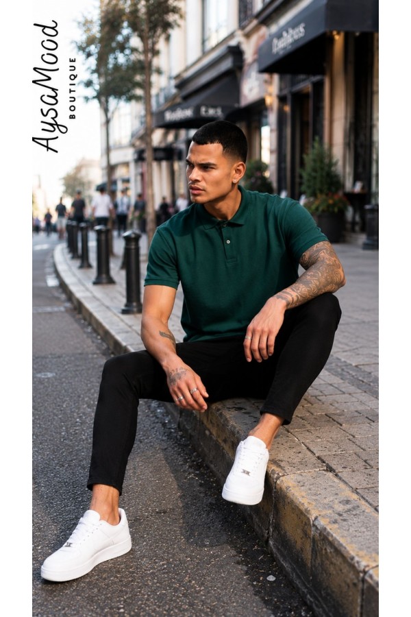 Erkek Yeşil Düz Polo Yaka T-shirt