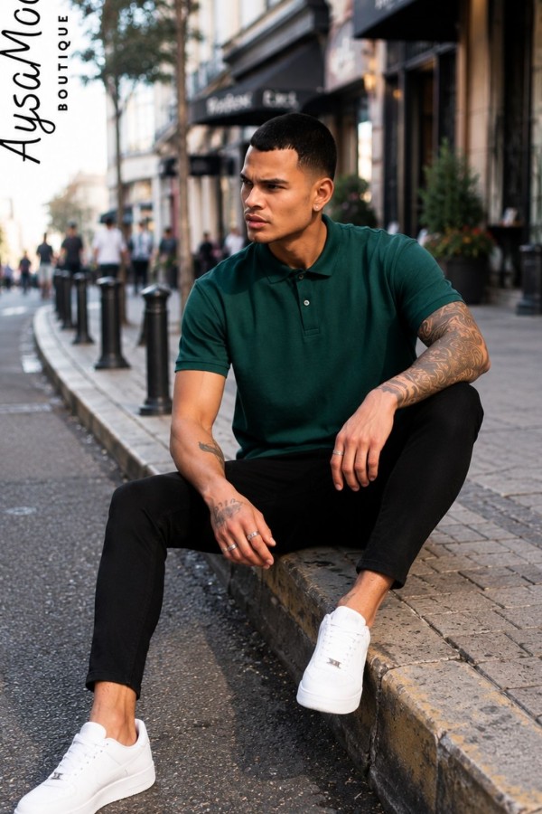 Erkek Yeşil Düz Polo Yaka T-shirt