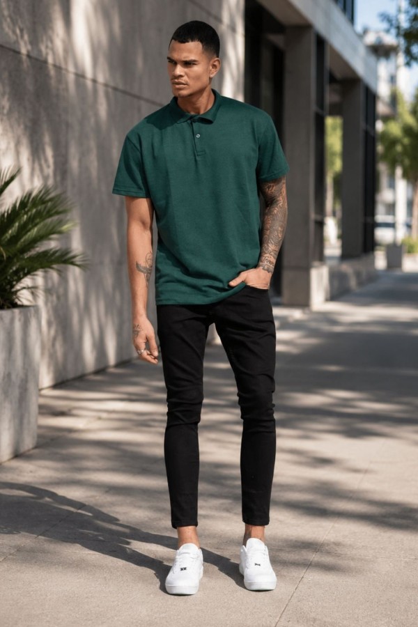 Erkek Yeşil Düz Polo Yaka T-shirt