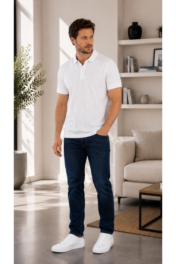 Erkek Beyaz Düz Polo Yaka T-shirt