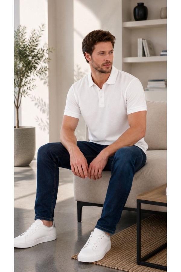 Erkek Beyaz Düz Polo Yaka T-shirt
