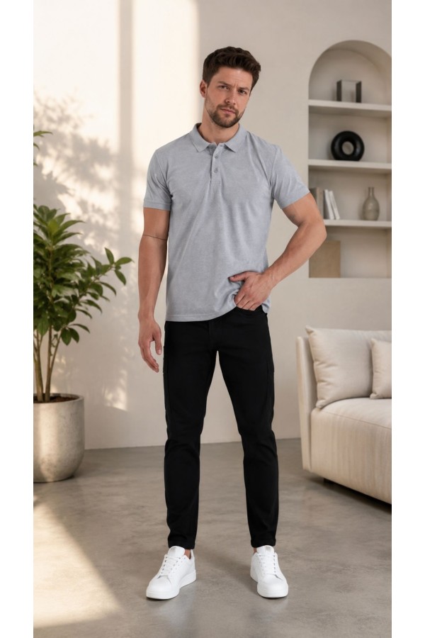 Erkek Gri Düz Polo Yaka T-shirt