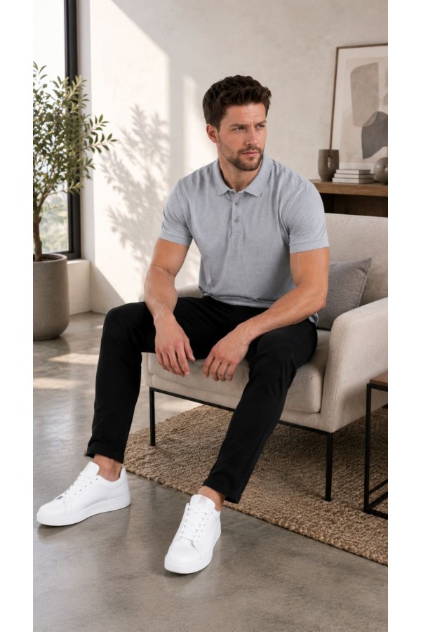 Erkek Gri Düz Polo Yaka T-shirt