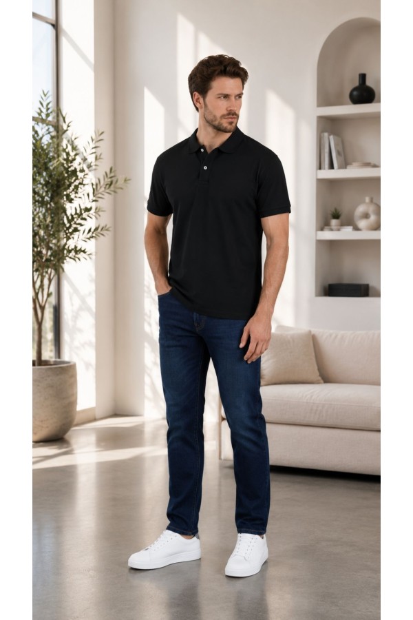 Erkek Siyah Düz Polo Yaka T-shirt
