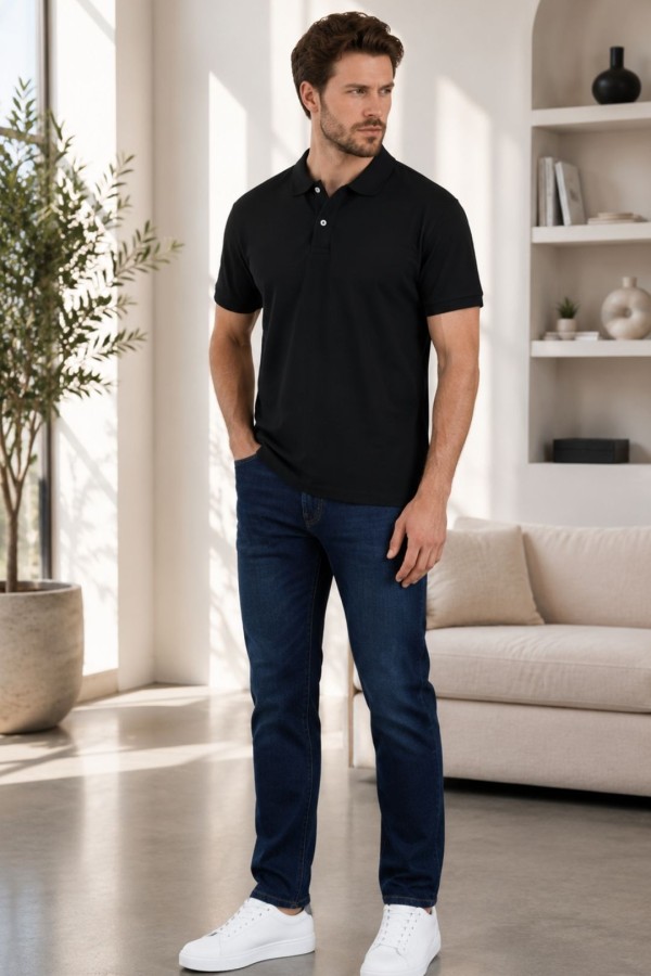 Erkek Siyah Düz Polo Yaka T-shirt