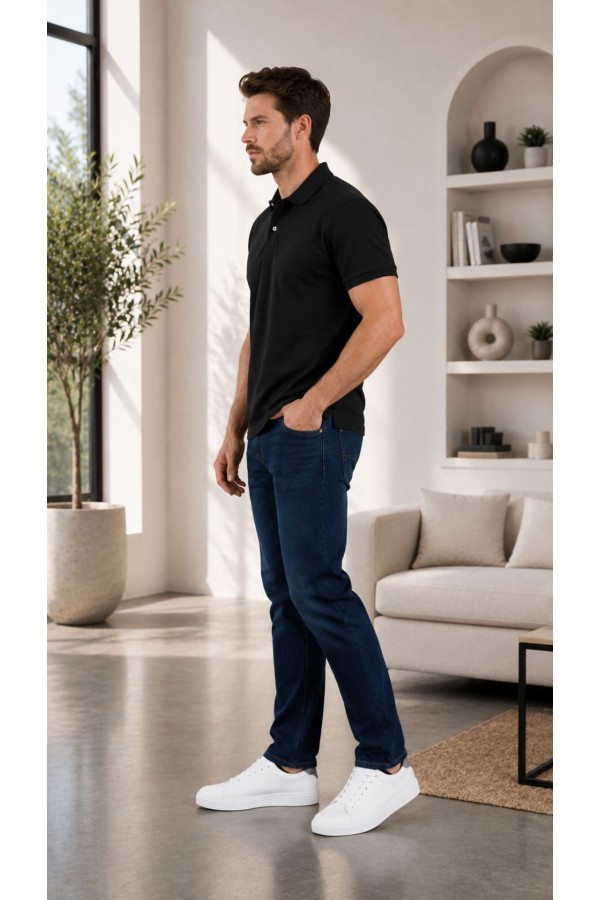 Erkek Siyah Düz Polo Yaka T-shirt