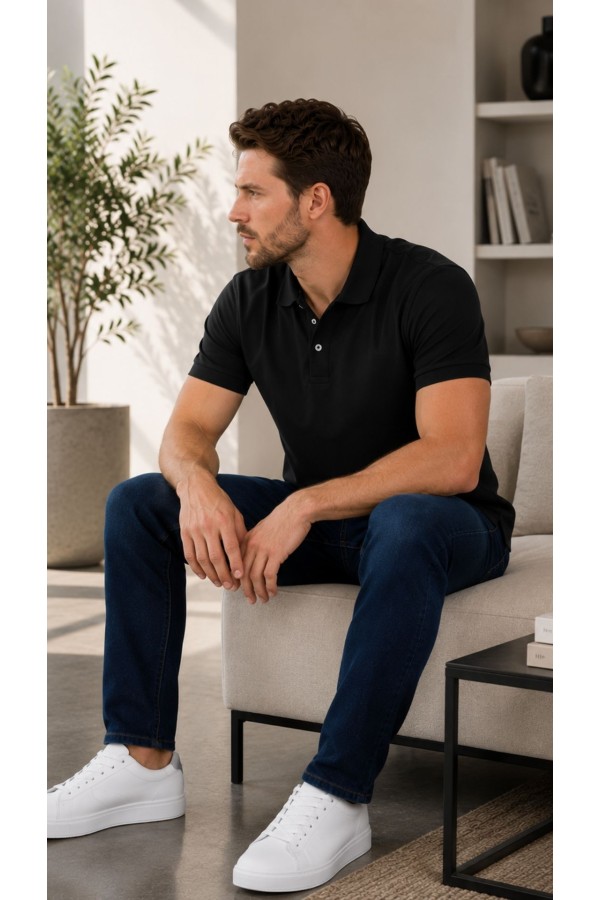 Erkek Siyah Düz Polo Yaka T-shirt